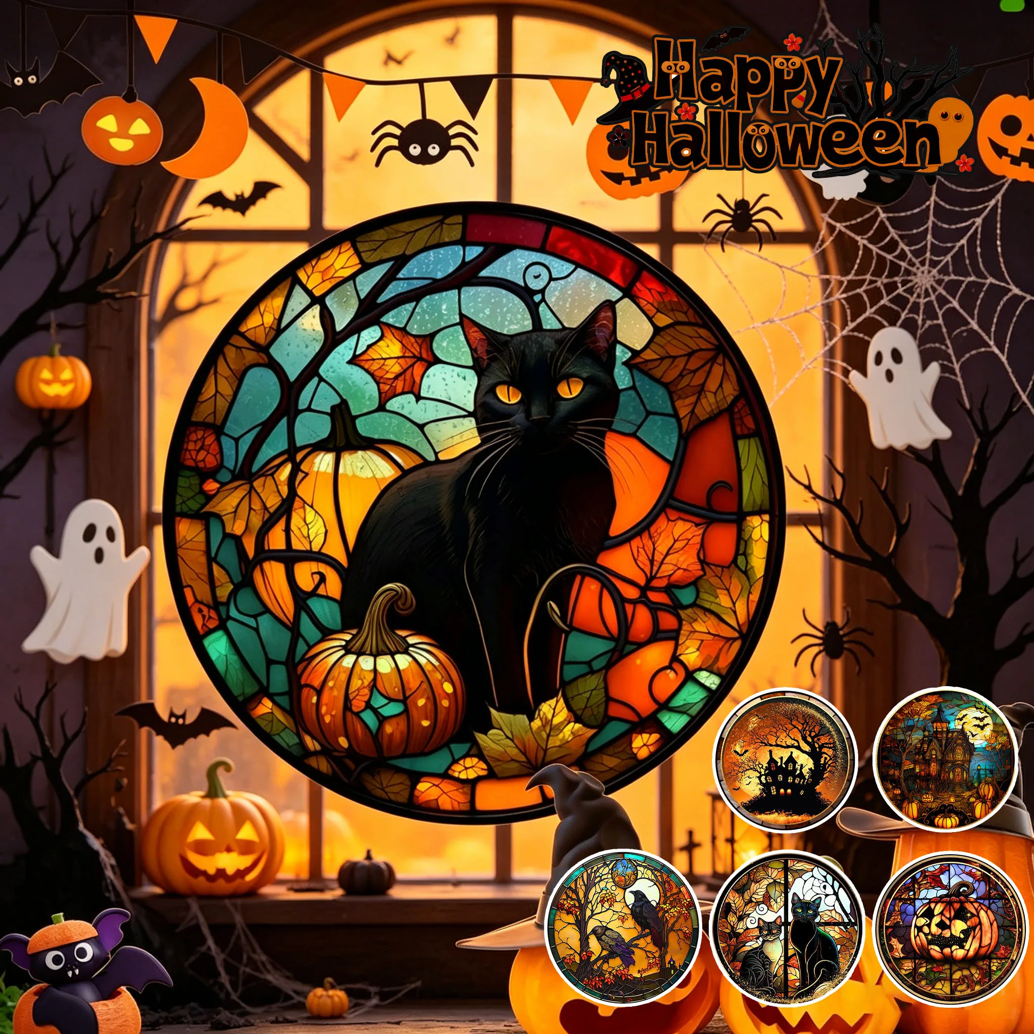 Eerie Creepy Castle Pumpkin Window Stickers Static Cling Glass Decals Removable Halloween Decoration for Indoor Outdoor Party