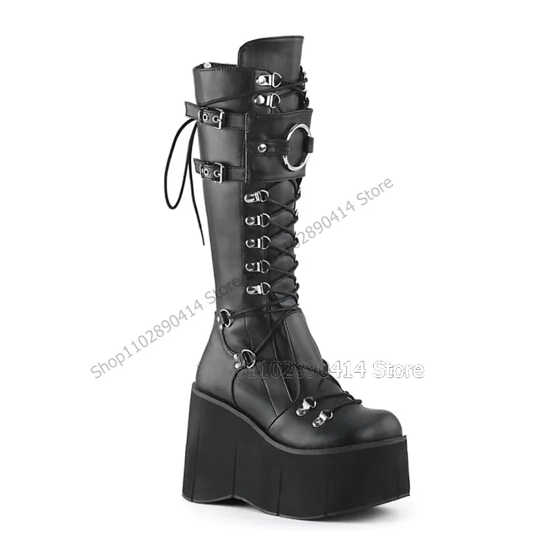 

Metal Decor Gothic Wedge Heel Y2K Boots Knee High Lace Up Women Shoes European Punk Style Sexy Fashion 2023 Zapatos Para Mujere