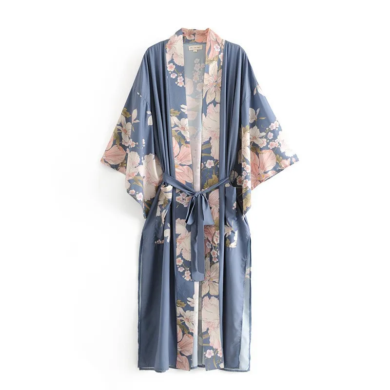 

Women's Bohemian Bathrobe Floral Print Long Sleeve Ladies Dressing Gown with Sashes Loose V Neck Kimono for Female Nightwear