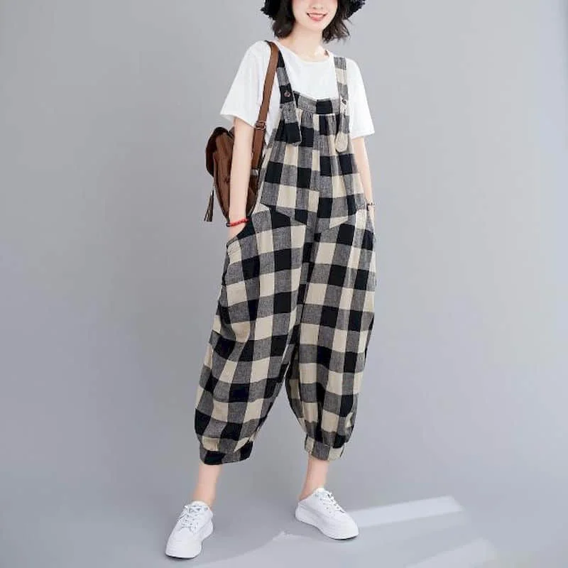 Cotton Linen Playsuits Women Casual Loose One Piece Outfit Women Korean Fashion Jumpsuits Cross Pants Overalls for Women Clothes