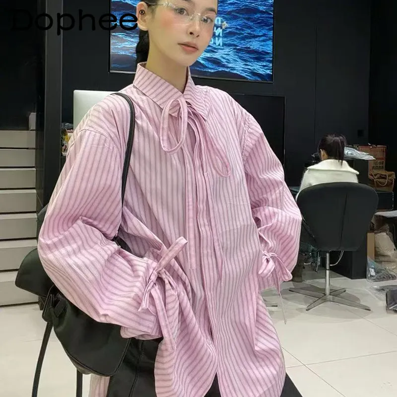 

Fashion Trend Striped Tie Bow Long Sleeve Women's Shirt Mid-Length Daily Commute Top 2026 Early Spring New Style
