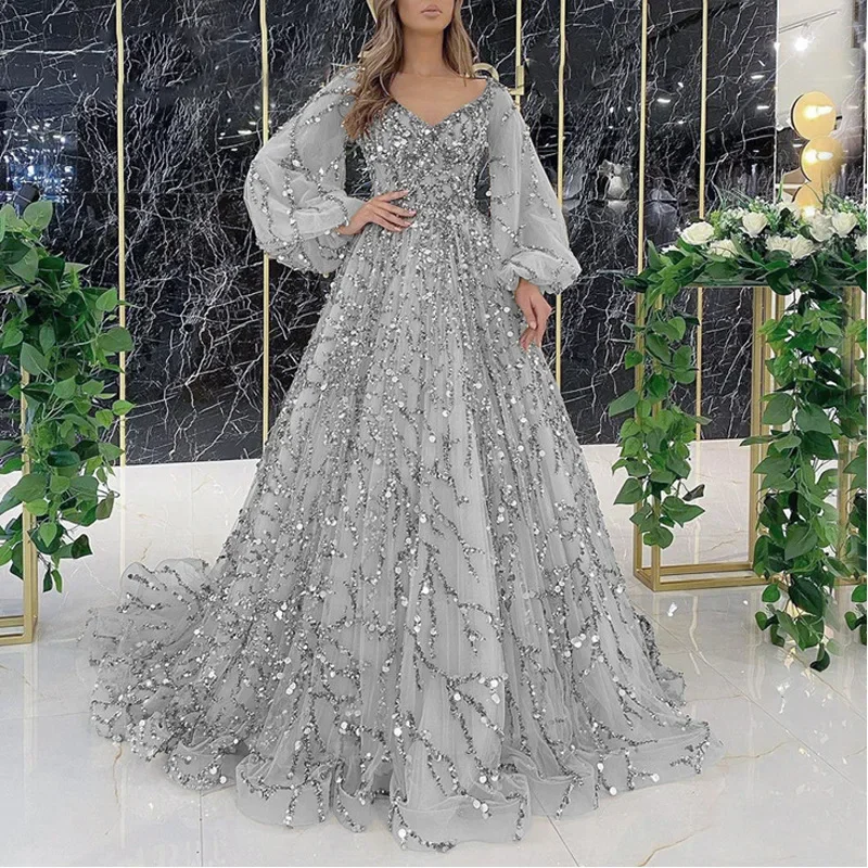 

Sexy lady heavy beaded evening dress long sleeve women modern ankle-length dress