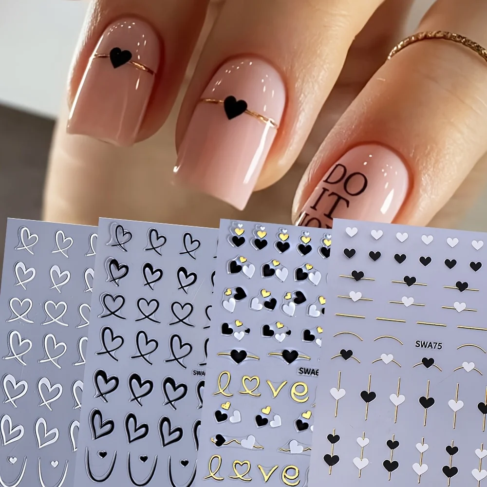 4 pezzi di adesivi per nail art di San Valentino, decalcomanie autoadesive a forma di cuore, decorazioni per unghie a tema amore con glitter in oro bianco nero