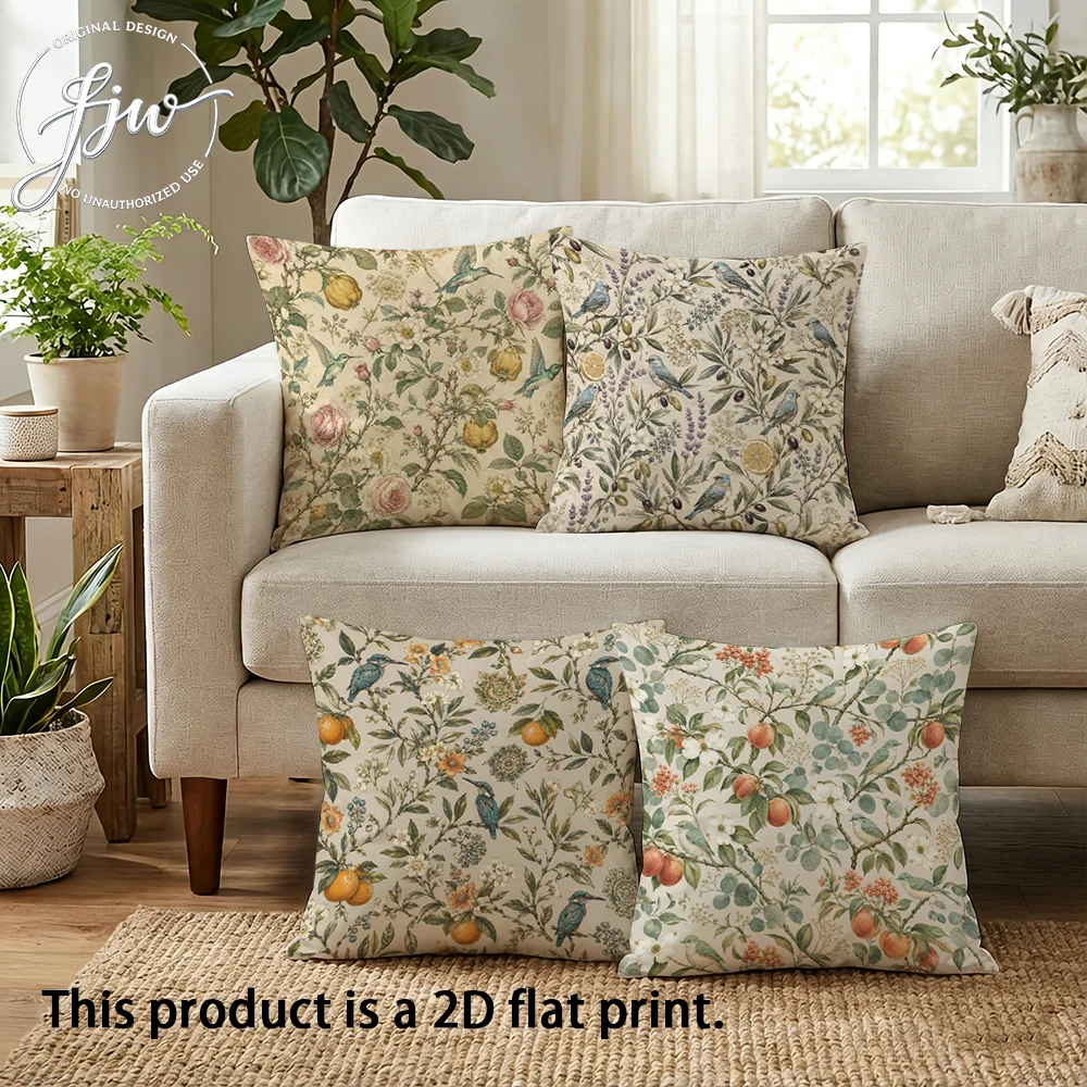 4pcs Vintage Botanical Bird and Fruit Throw Pillow Covers Neutral Farmhouse Cushion Cases for Sofa Bedroom