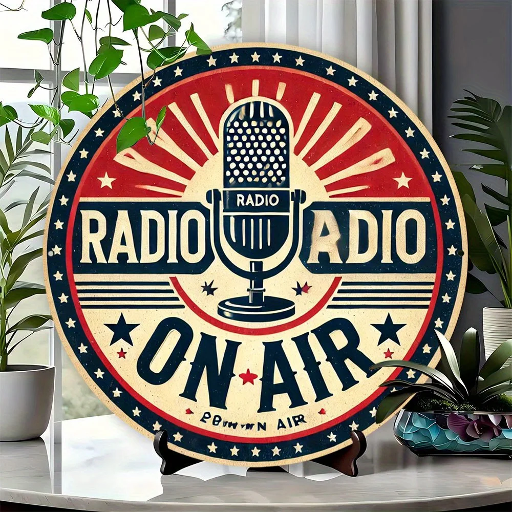 1PC Radio On Air Vintage Microphone Round Metal Tin Sign, Retro Broadcast Star Stripe Plaque, 2D Flat Wall Decor For Studio Cafe