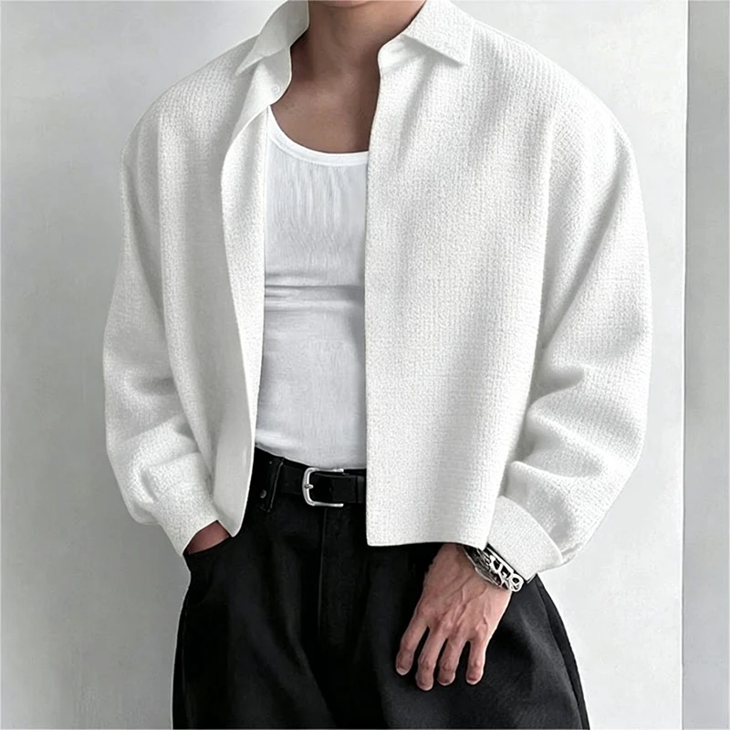 Autumn Men's Textured Cropped Shirt Lapel Long Sleeve Open Front Loose Fit Casual Blouse Minimalist Streetwear Short Shacket Top