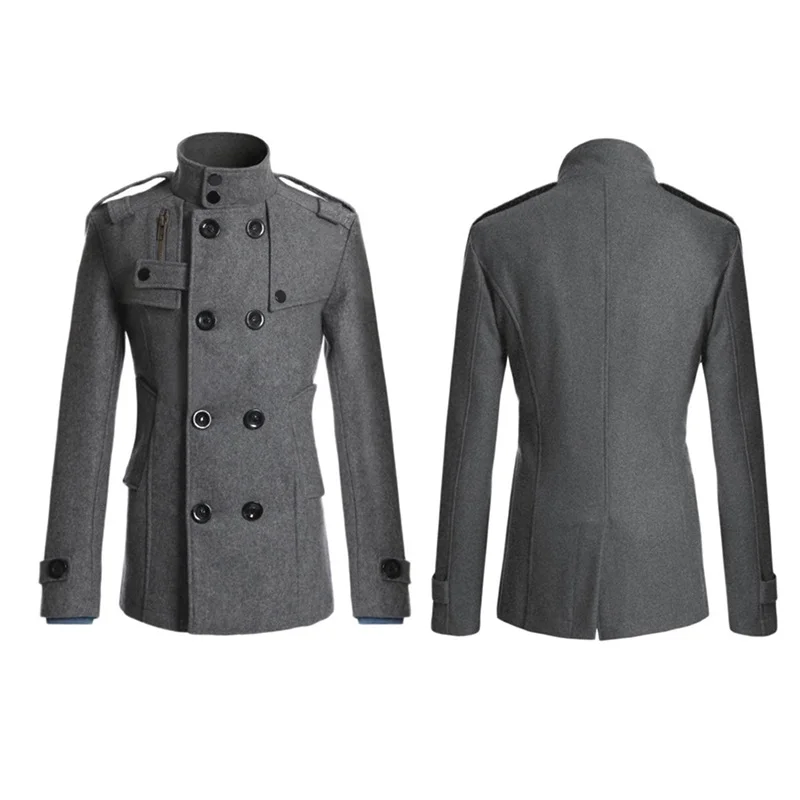 Men s Solid Color Trench Coat Long Sleeve Stand Collar Double Breasted  Warm Soft Wool Overcoat