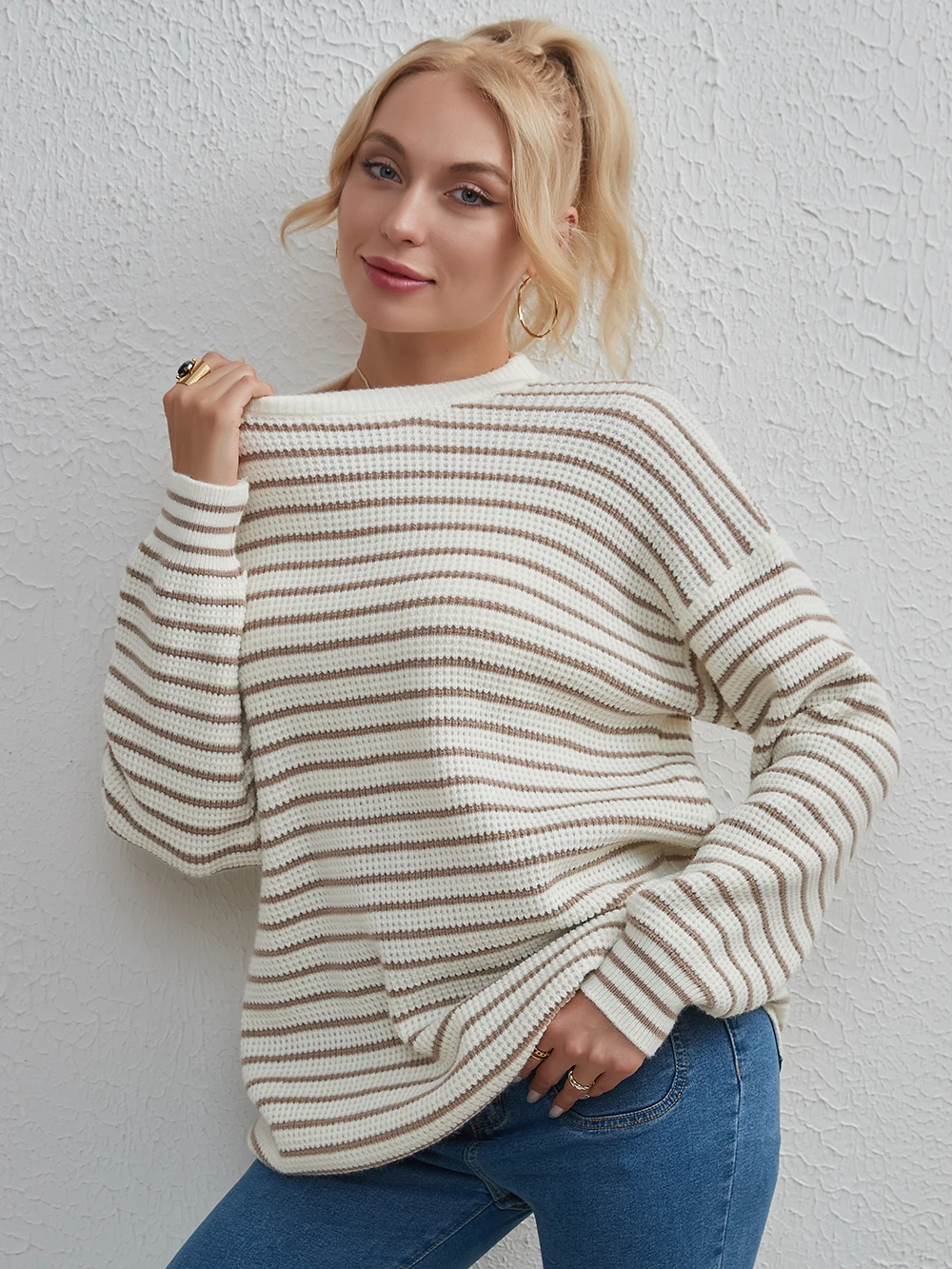 

Wixra 2023 Women Striped Sweater O Neck Loose Casual Pullover Full Sleeve Jumpers Autumn Winter Knitted Clothing