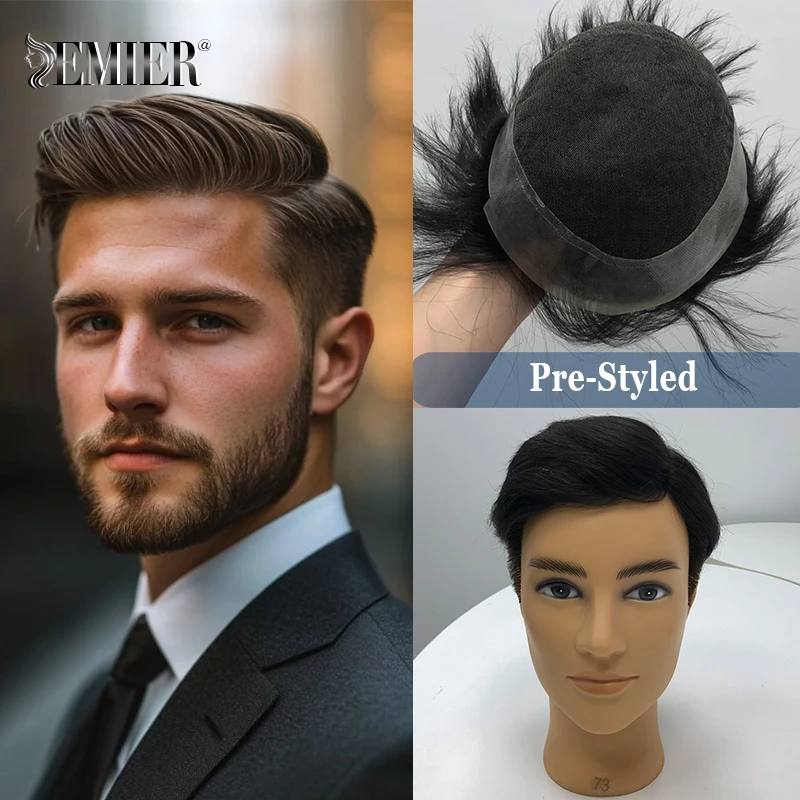 

Pre-Styled Lace Toupee For Men Indian Human Hair Male Wigs French Lace Front Wig With PU Back Men Hair Replacement System Unit