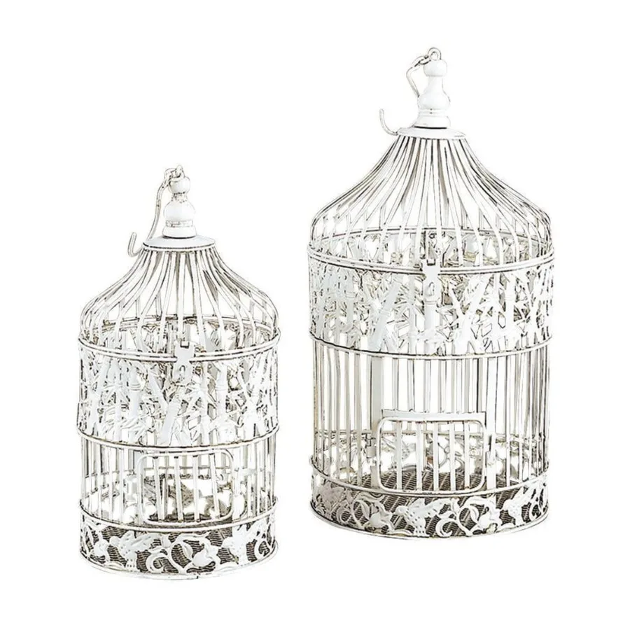 

Indoor Outdoor Hinged Top White Metal Birdcage with Latch Lock Closure and Hanging Hook Set of 2