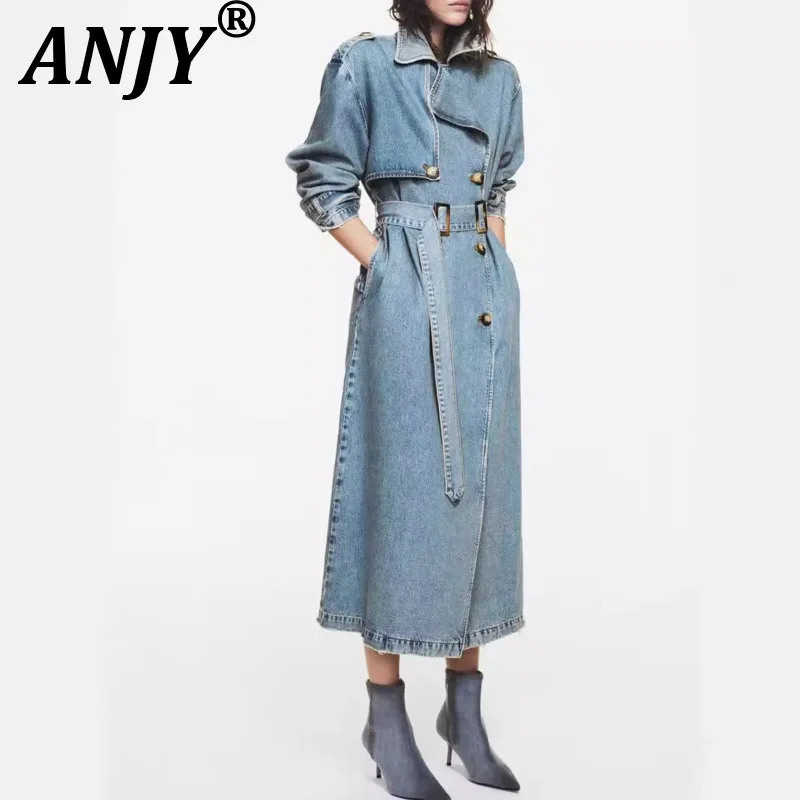 

ANJY Autumn Winter New Women Fashion Chic Double-Breasted Belted Denim Trench Coat High Street Elegant Temperament Jacket A13575