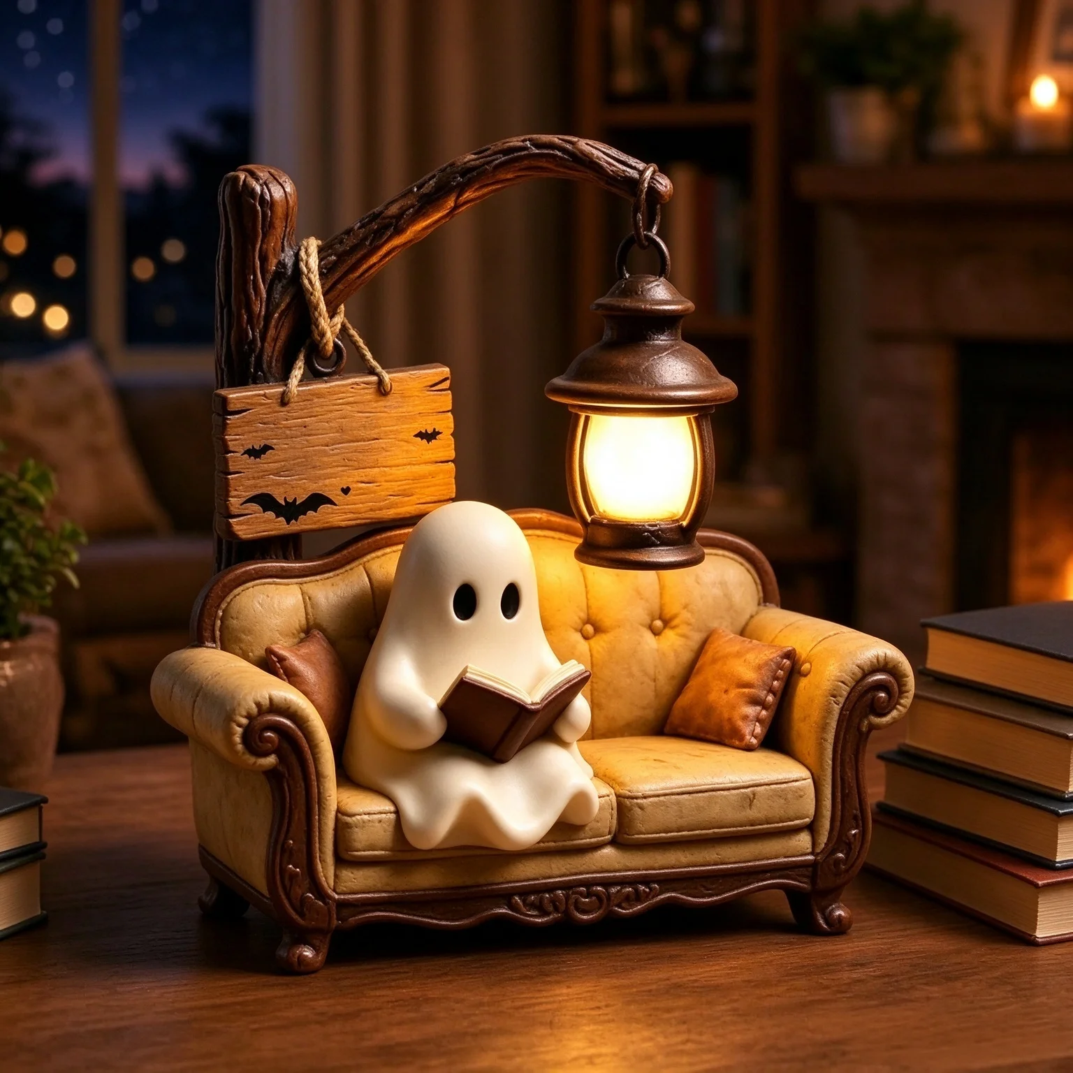 3D Resin Cute Ghost Reading Light Halloween Ghost Holding LED Glowing Night Light for Bedroom Decorative Shelf Tabletop Ornament