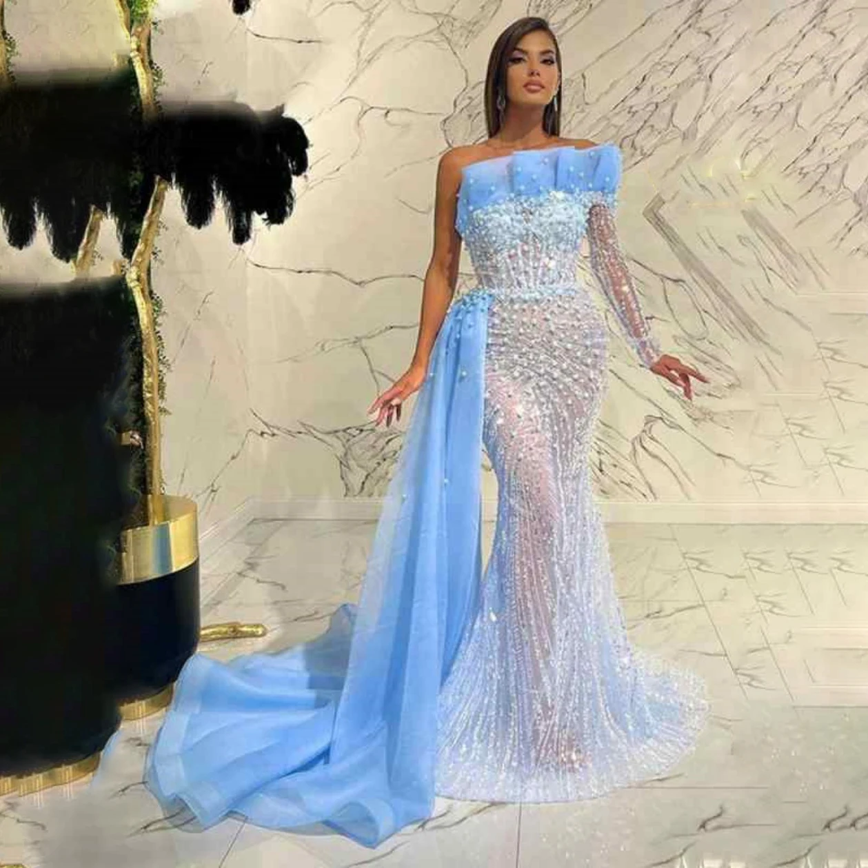 Saudi Arabia Evening Dresses See Through Mermaid One Shoulder Long Sleeves Pearls Beading Formal Elegant Prom Gowns
