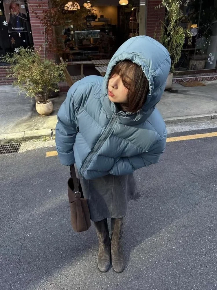 

Winter New Arrival Women's Puffer Jaet Hooded Zipper Goose down Outerwear Coat Long Sve Thiened Casual Loose Fit