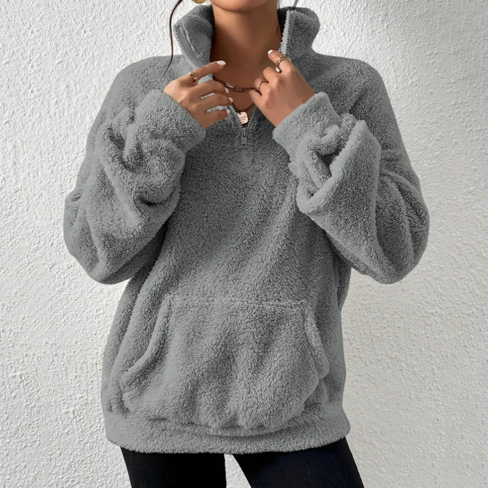 Crop Sweatshirts Women Workout Women\'s Half Zip Big Pocket Drop Shoulder Teddy Sweatshirt Rambling Store