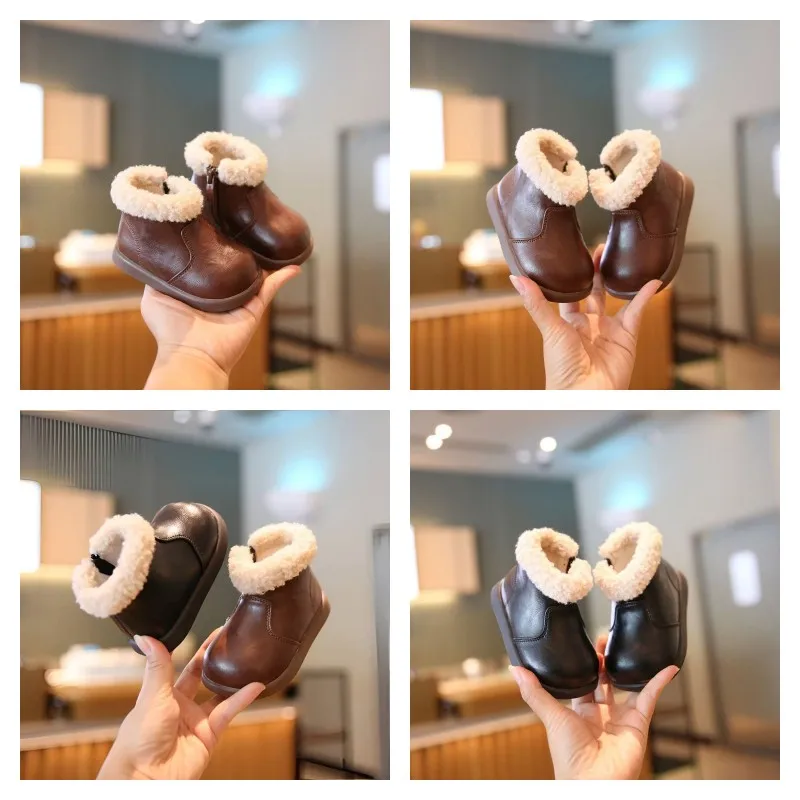 

Children's Padded Fashion Leather Boots 1-8 Years Old Boys Girls Fur Shoes Soft Non-slip Kids Short Boots Baby Walking Shoes