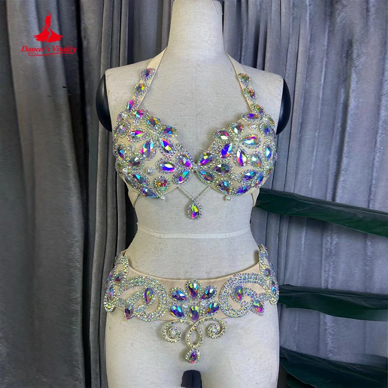 Belly Dance Costume for Women Customsized Senior AB Stones Bra Top+skin Belt 2pcs Female Children Oriental Dancing Outfit