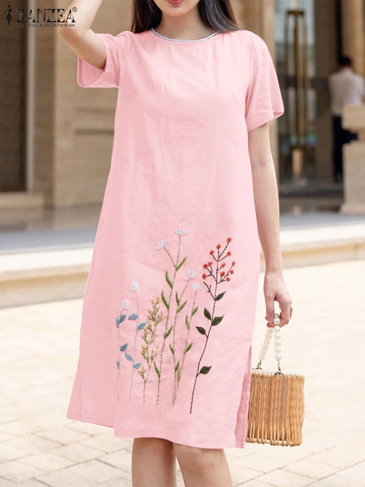 Bohemian Floral Embroidery Midi Sundress ZANZEA Fashion Summer O Neck Short Sleeve Dress Women Robe Femme Casual Party Vestido