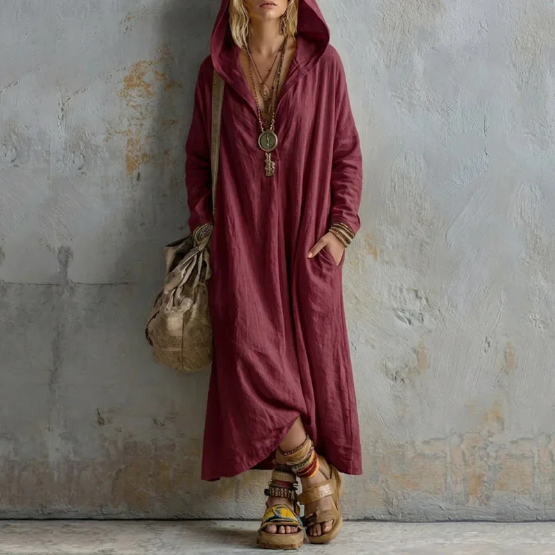 Women Solid Oversized Hooded Maxi Dress Long Sleeve Loose Dress Casual Autumn Beach Cover Up Pockets Holiday Dresses