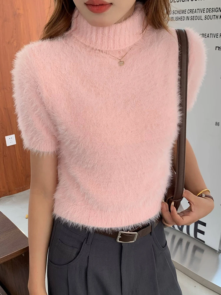 모헤어 터틀넥 반팔 상의, 스트레치 슬림핏 니트웨어, 한국 패션 점퍼, 용수철 여름 풀오버, 2025 신상
