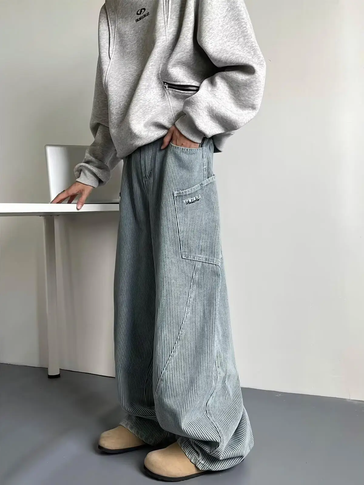 

Мужские рабочие брюки в американском ретро-стиле с полосками и большими карманами, весенне-осенние, свободные, повседневные, широкие джинсы с высокой талией на молнии