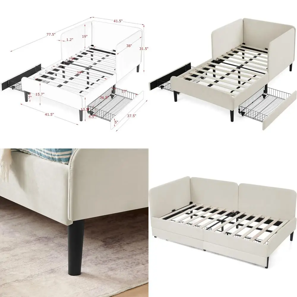 Twin Size Upholstered Platform Bed with Rails, Storage Drawers, Suitable for Kids and Adults, Beige