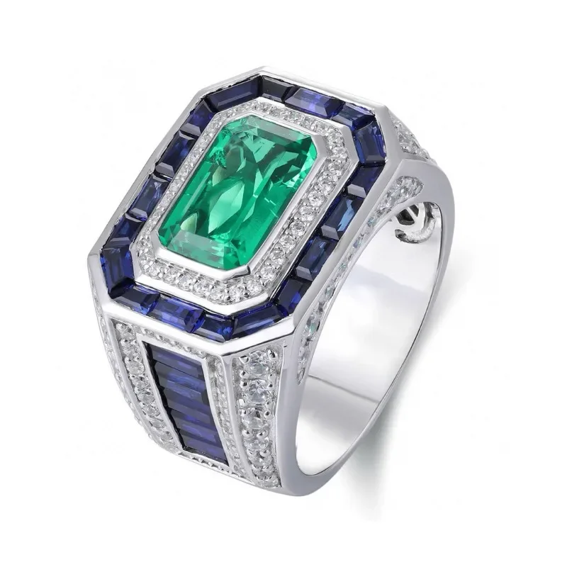 Ruihe New S925 Silver Emerald Cut 3.18ct Simulated Diamond Rings CZ Gemstone Fashion Daily Men's Jewelry Custom Personalized