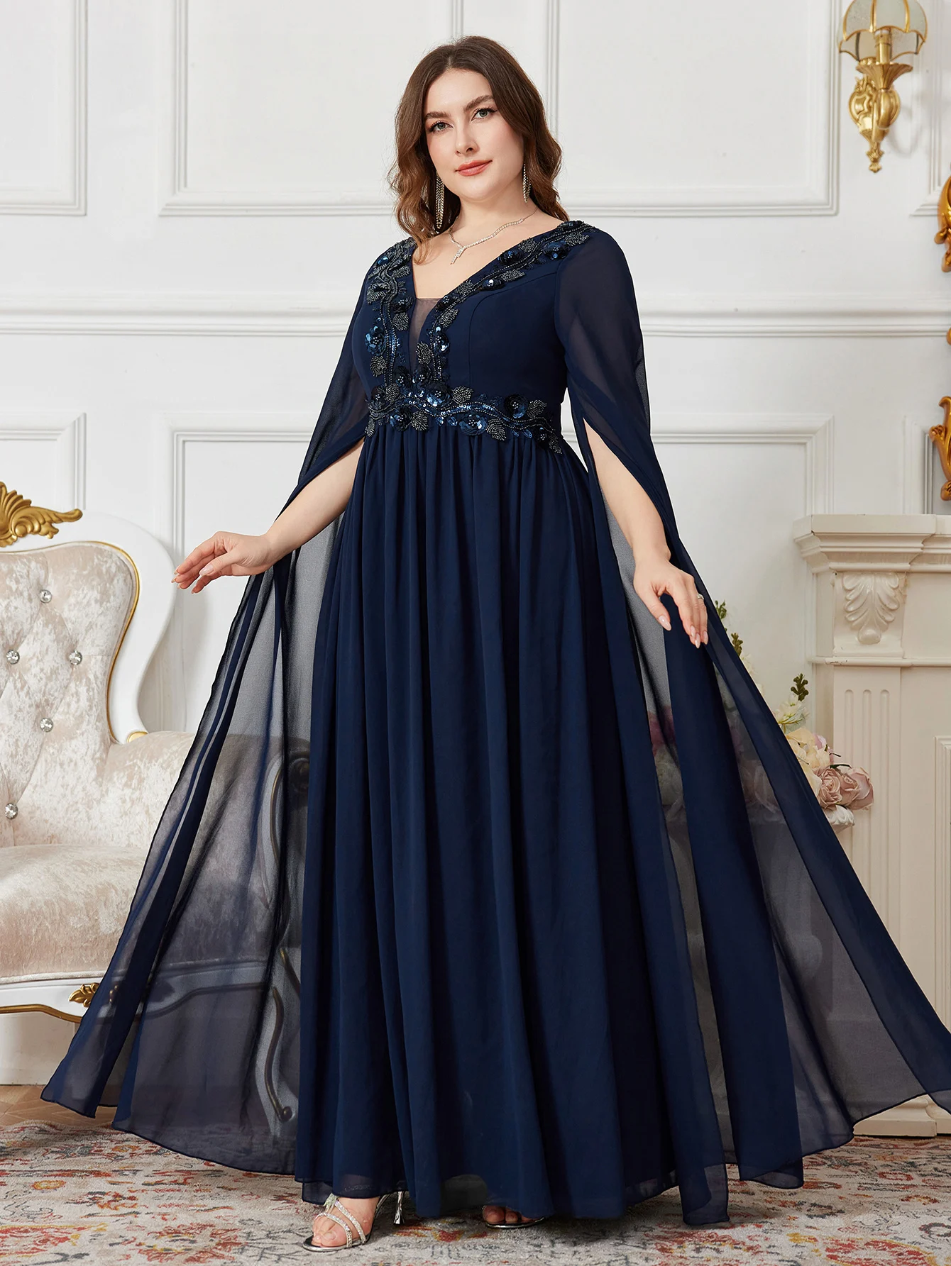 

UNITHORSE Plus Size V-Neck Gown with Draped Sleeves Beaded Embroidery Decor for Evening Dresses