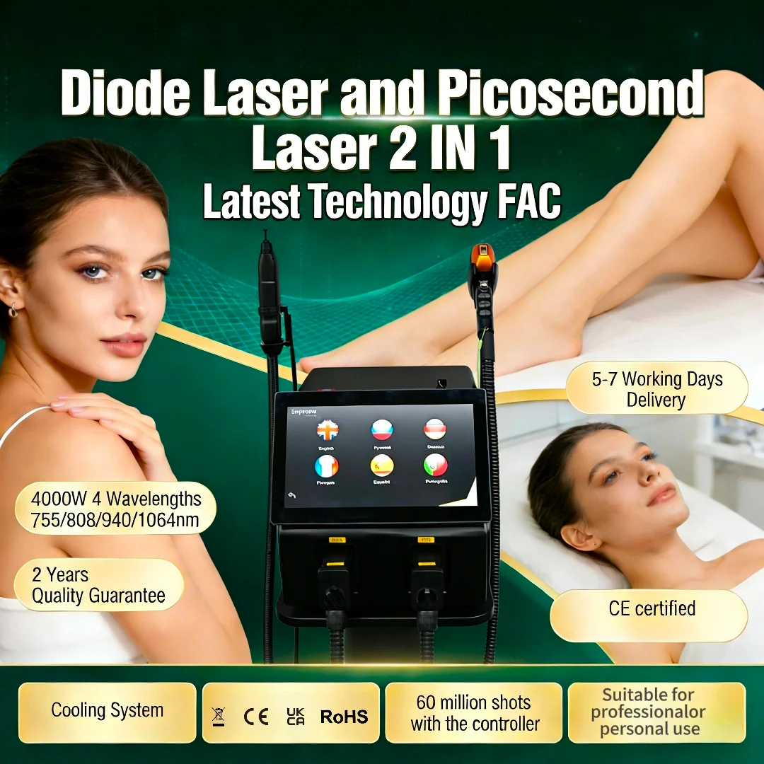 

Новейший лазерный аппарат 2-в-1 для косметологии 2026 года: Пикосекундный лазер для перманентного удаления волос для всех типов кожи, высокодоходное салонное оборудование, CE