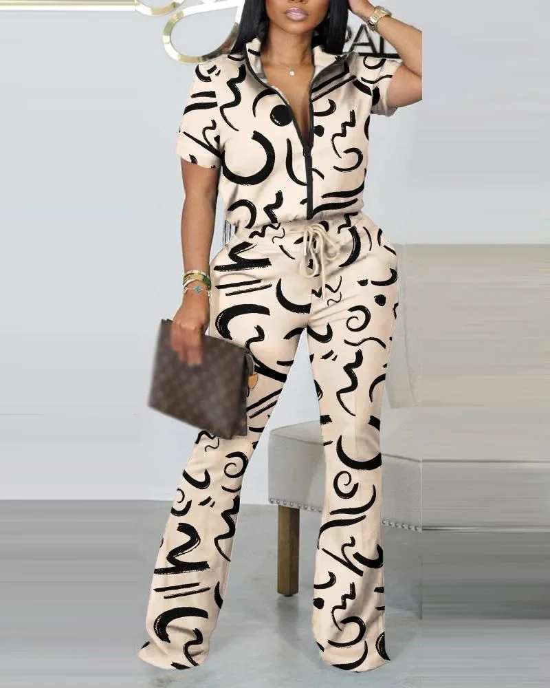 

Spring and summer of 2025 Fashion Print Two Piece Set Women Casual Sports Style Zipper Top Sweatpants Two Piece Set Women