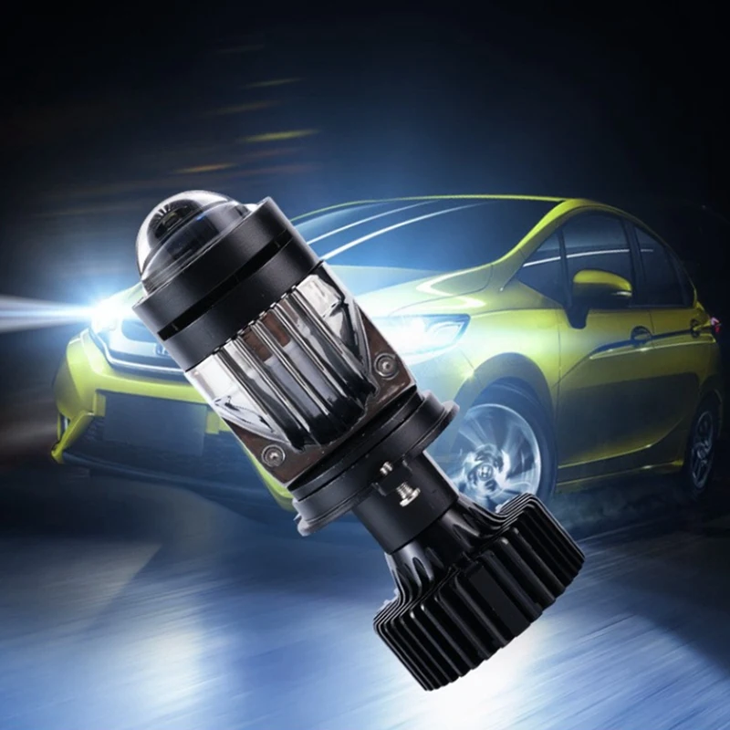 H4 LED Projector Headlight Bulb Dual LED Lens Mini Projector Laser Y3 Tri-Color High/Low  55W Turbo Fan