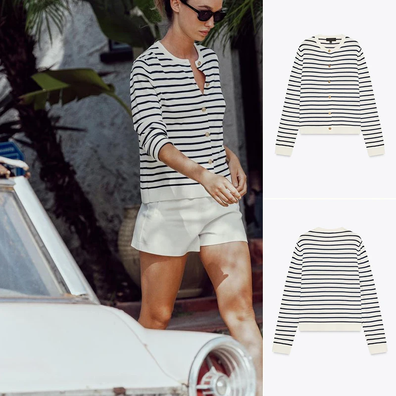 

Summer New Women's American Single Row Multi-Bule mat Striped round Ne Long Sve Knitted Jaet Regular Fit Comm...