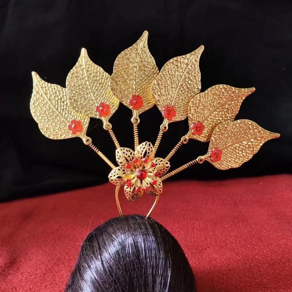 

Retro Gold Thai Metal Leaves Hairpin Flower Rhinestone U-shaped Hair Fork Headdress Yunnan Dai Style Thai Hair Sticks Hanfu