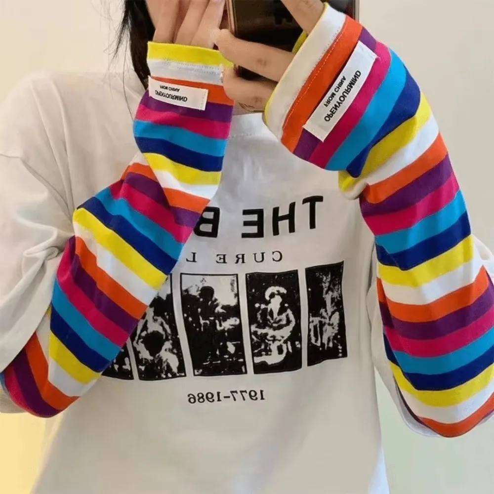 Y2k 컬러 스트립 아이스 암 슬리브 롱 하라주쿠 스트라이프 썬 블록 슬리브 안티 썬 버닝 루즈 UV 프로텍션 암 장갑 여성용 여성용