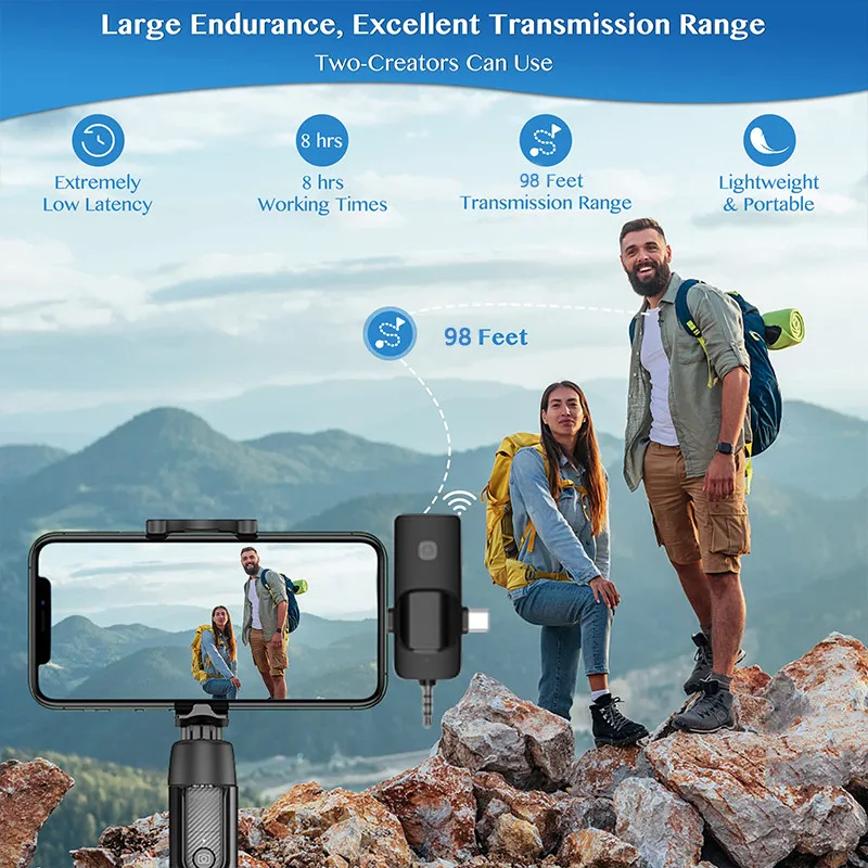 Microfone de lapela sem fio 3 em 1 para iPhone Android 3,5 mm para rádio Gravação ao vivo Mini microfone com redução de ruído