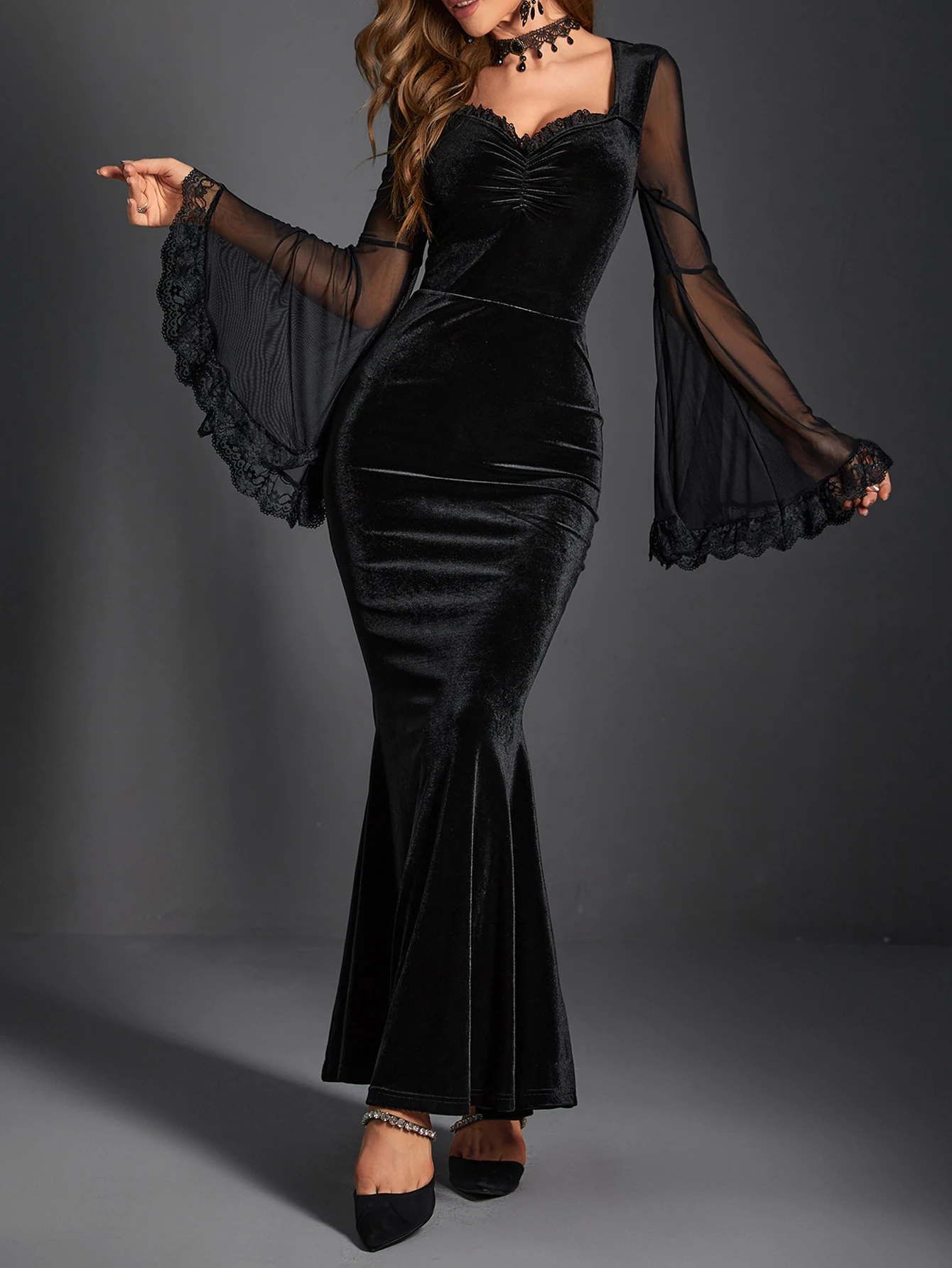 

Bold Shade Elegant Evening Mall Gothic Velvet Trumpet Dress Grunge Mesh Flare Sleeve Long Dresses Lace Trim Skinny Alt Partywear