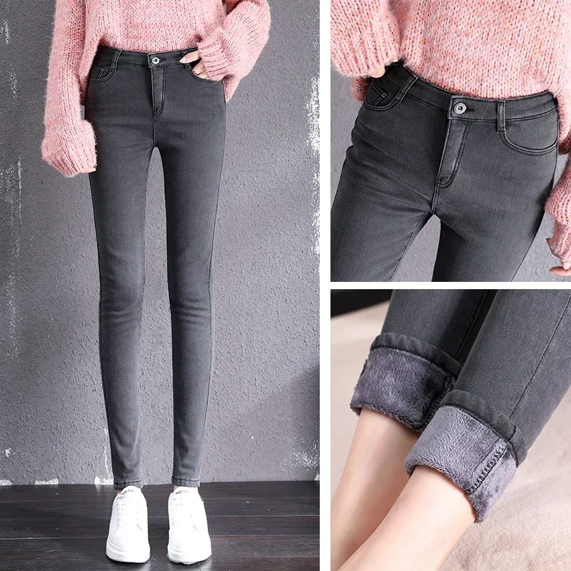 winter warm thick fleece woman's jeans with high waist pants woman mom jeans women's jeans for women jean femme clothe black