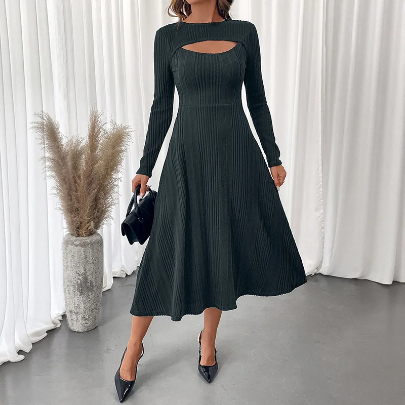 Women's Autumn Dress Evening Dresses Long Sleeve Ribbed Knit Midi Dress with Cutout Neckline Elegant Party Dress for Fall
