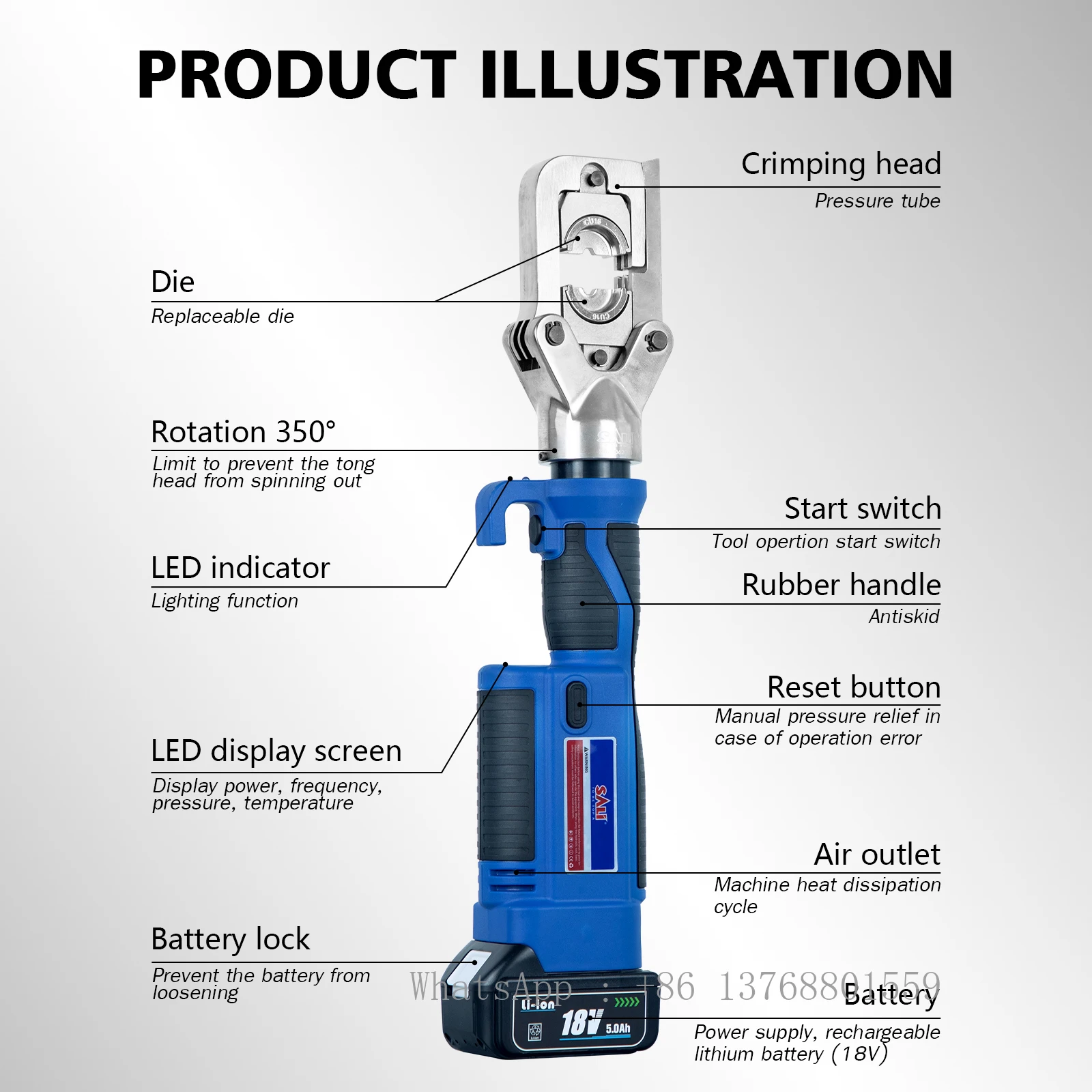 SALI 16~300sqmm 40mm Cutting Range Cordless Li-ion Battery Hydraulic Cable Lug Crimping Tool