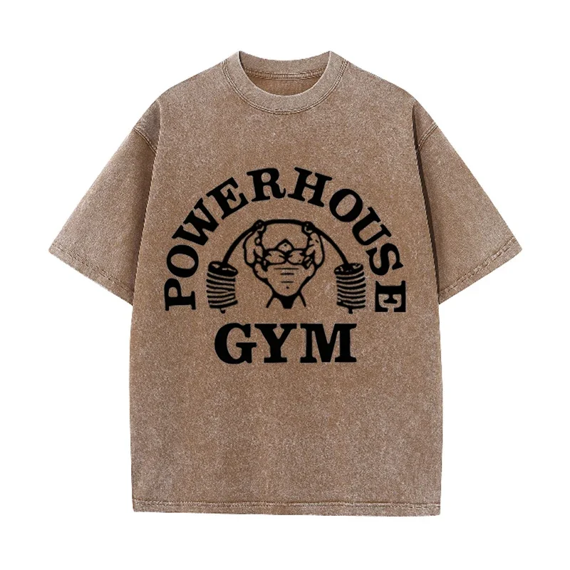 Powerhouse Gym Fitness Print Vintage Washed T-Shirt Gym Workout Casual Tee – Detail 8