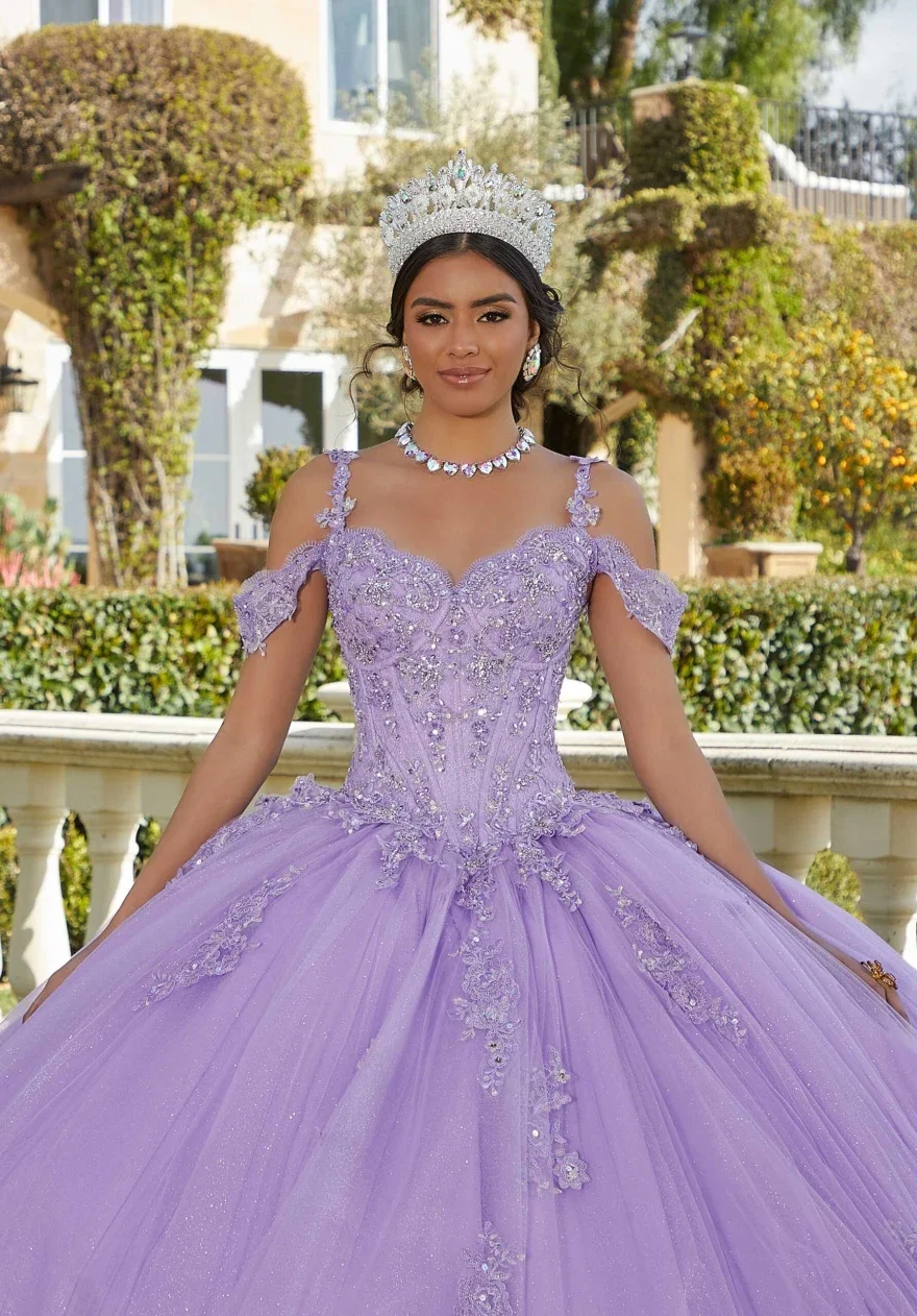 Синее платье Quinceanera, бальное платье, кружевная аппликация, тюлевые подтяжки, блестящее милое праздничное платье принцессы для девочек 16 лет