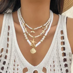 Three Piece Set of European and American Style Alloy Starfish Shells and Fishtail Women's Multi-Layer Multi-Color Pendant Neckla