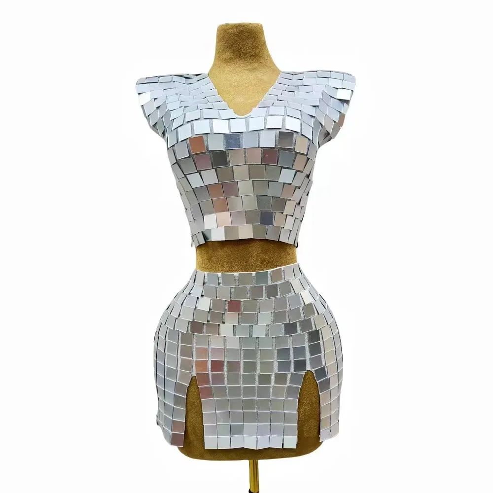 Gold Silver Mirror Armor Tops Mini Skirt Stage Outfit Women Singer Drag Queen Costume Bar Nightclub Performance Dance Costume