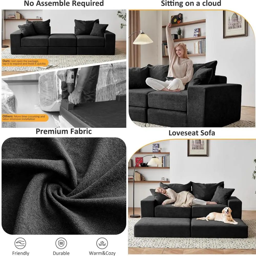 L-Shaped Deep Seating Sleeper Sofa with Non-Slip Base and Customizable Comfort in Black