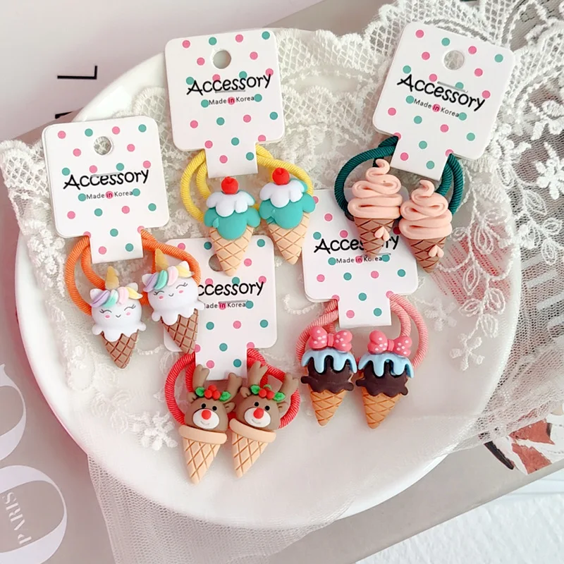 2PCS Cute Cartoon Ice Cream Cone Kids Elastic Hair Bands Children Hair Tie Girls Hair Accessories Baby Headdress