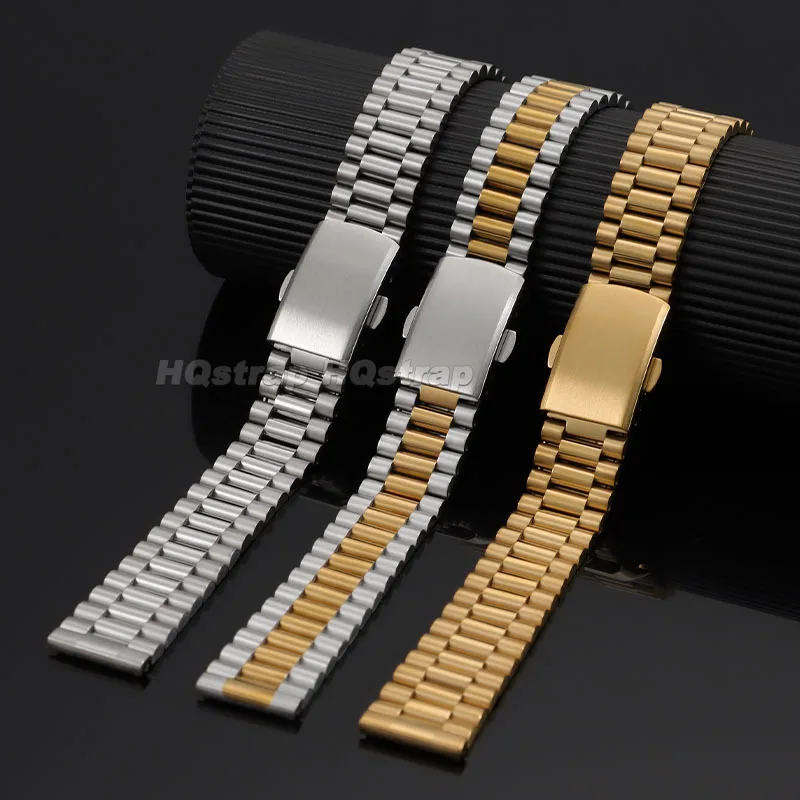 Premium Solid Stainless Steel Three-bead Watch Band 10mm 12mm 14mm 16mm Central Polished Metal Bracelet Fold Over Clasp Strap