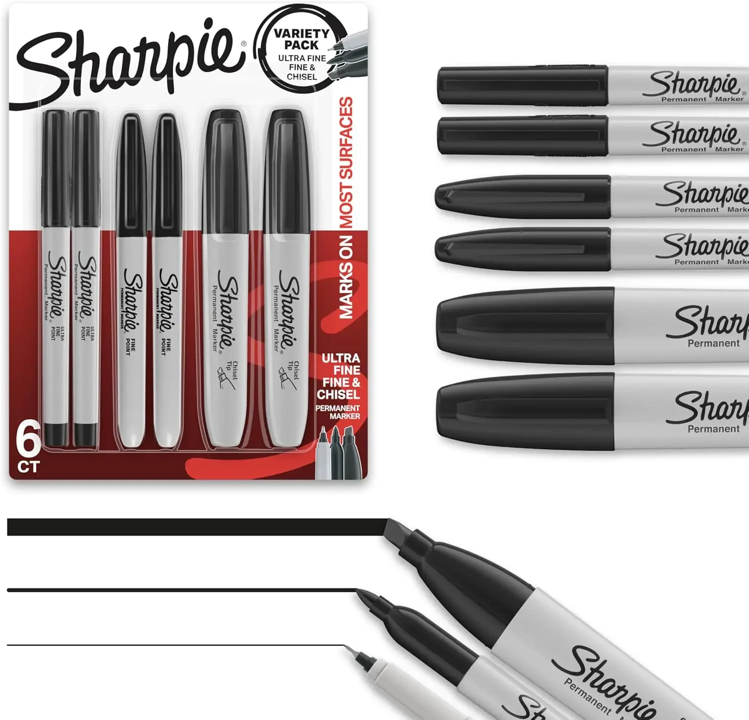

Permanent Markers Set With Fine, Ultra-Fine & Chisel Tips - 6 Black Markers For Writing, Coloring, Office