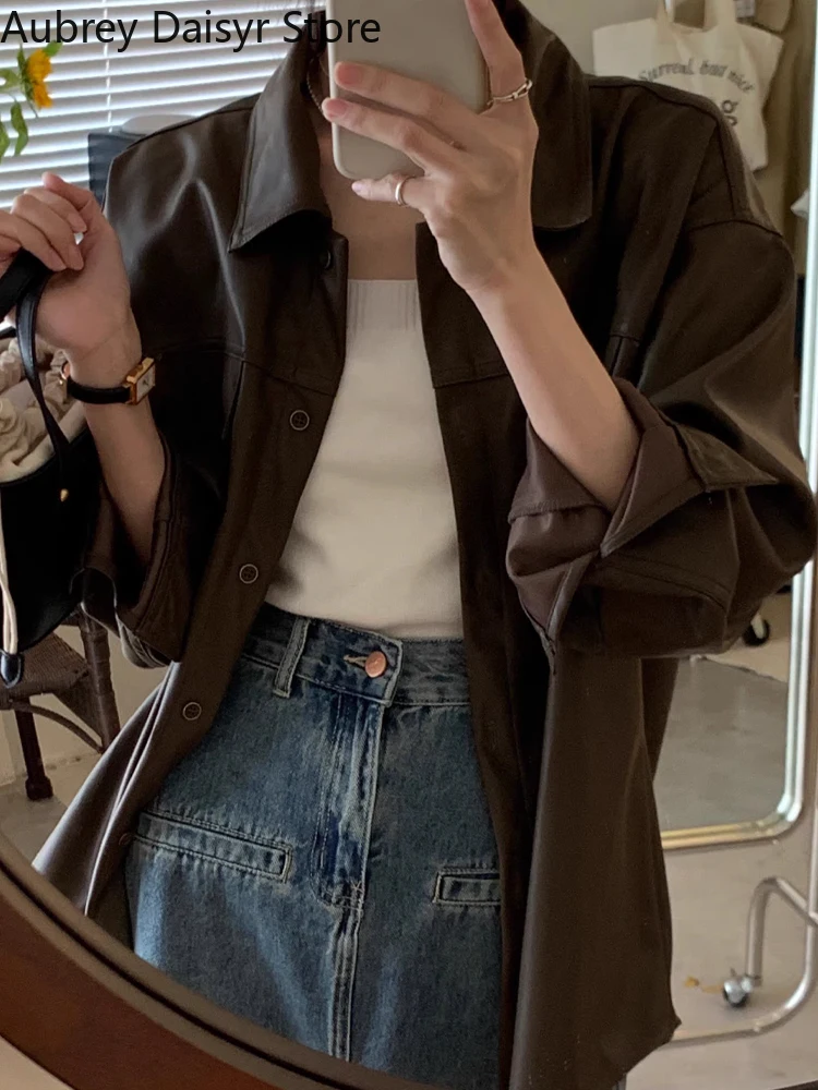 Jaqueta de couro marrom para mulheres, blazer de couro falso, Parkas casual coreano, jaqueta fina de motociclista moto streetwear punk, verão, nova