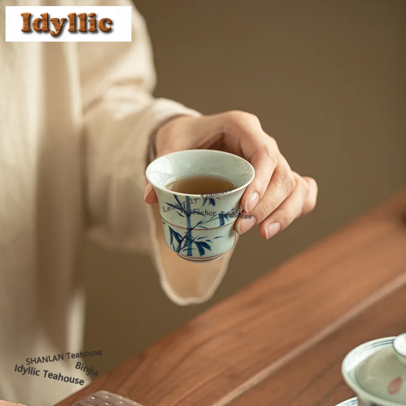 

2pc/lot Hand-painted Blue and White Bamboo Teacup Handmade Tea Bowl Tea Pair Tea-tasting Smelling Cup Chazhan Master Cups 60ml