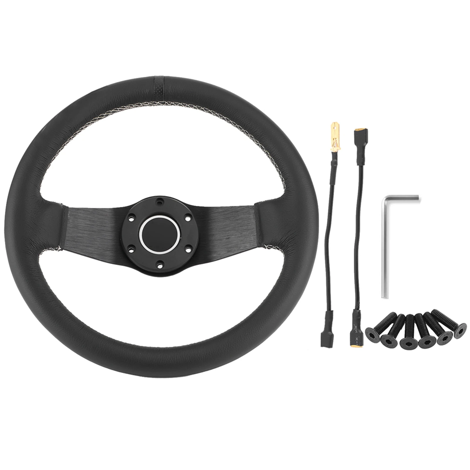 320mm/13in Steering Wheel for Sparco Style 6-Bolt Half Dish Black Leather Racing Steering Wheel W/ Horn